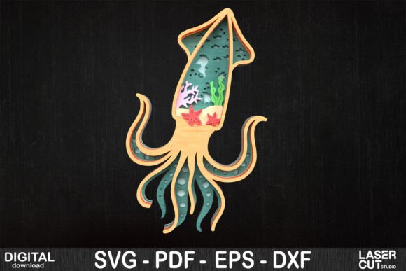3D Layered Squid Ocean Scene for Laser Cutting Wall Decor